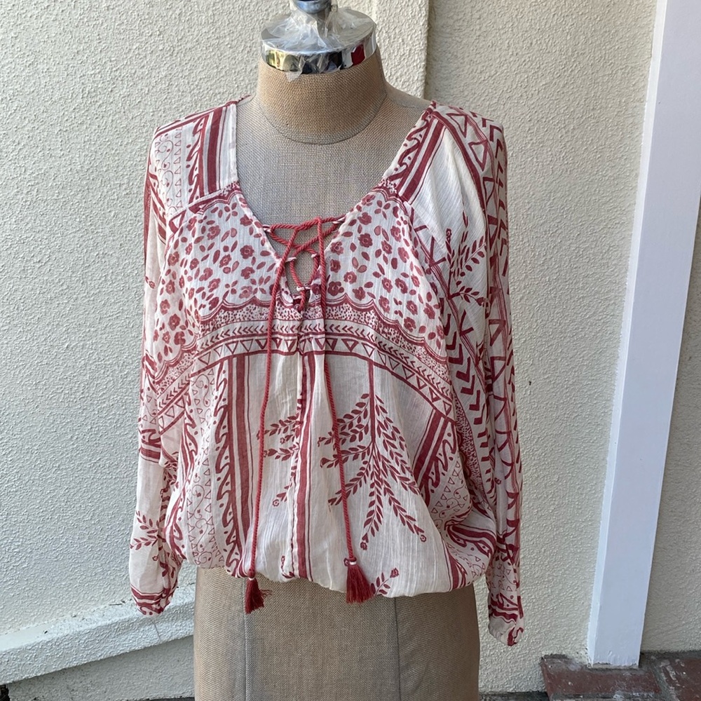 Free People Yo Yo Geo Peasant sheer blouse. So pretty, feminine and fun. - Picture 3 of 13